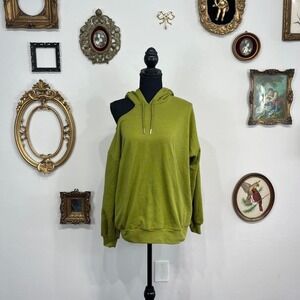 Superdown Olive Green Off-Shoulder Hoodie – Slouchy Lounge Streetwear Top (XS)